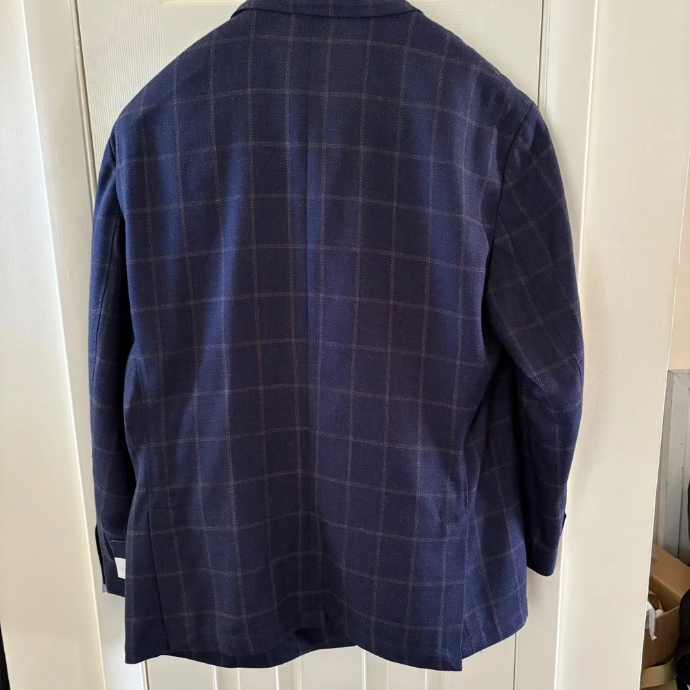 Stafford Big & Tall Navy Windowpane Wool Cotton Blazer Sport Coat‎ 52L New